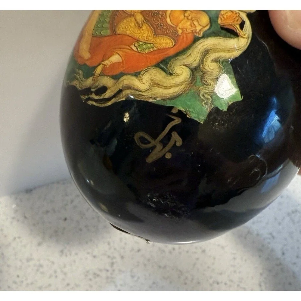 Vintage Russian Hand painted Lacquer Wooden Egg Fairytale Scene Signed 4